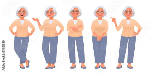 Fototapeta Naklejka Na Ścianę i Meble -  Mature woman character set. Elderly energetic woman posing and pointing at something. Vector illustration