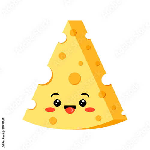 Triangle happy cheese with hole slice emoji vector icon isolated on white background. Kawaii smiling cute triangular piece of yellow cheese character. Organic milk food cartoon style illustration.