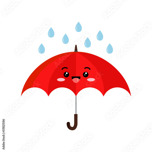 Cute open smile umbrella with rain cartoon character emoji icon. Funny red parasol mascot emoticon with face. Happy umbrellas flat kawaii clip art vector illustration.