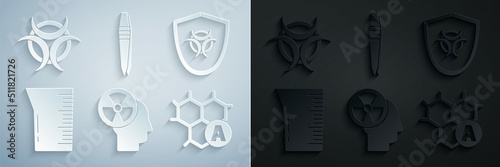 Set Human head and a radiation, Biohazard symbol shield, Laboratory glassware or beaker, Chemical formula, Tweezers and icon. Vector