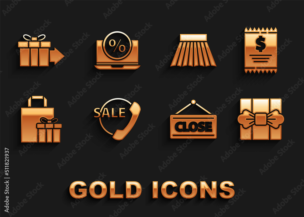 Set Telephone 24 hours support, Paper check and financial check, Gift box, Hanging sign with Closed, Skirt, and Percent discount laptop icon. Vector Set Telephone 24 hours support, Paper check and financial check, Gift box, Hanging sign with Closed, Skirt, and Percent discount laptop icon. Vector