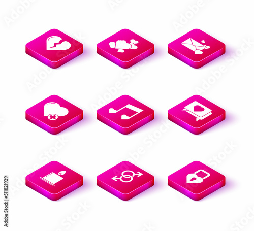 Set Burning candle, Male gender symbol, Heart, Music note, tone with hearts, Castle the shape of, Like, Envelope and icon. Vector