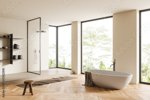 Light bathroom interior with douche  tub and decoration  panoramic window