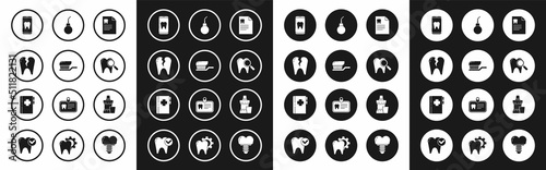 Set Clipboard with dental card, Toothbrush toothpaste, Broken, Online care, Dental search, Enema pear, Mouthwash plastic bottle and icon. Vector