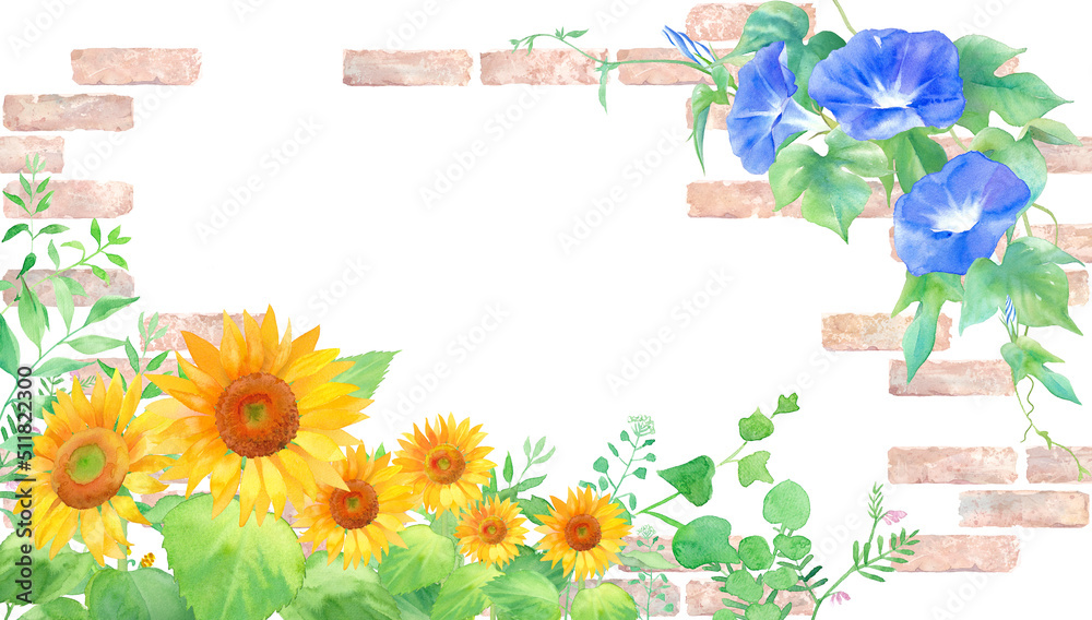 Obraz premium 夏の花。ヒマワリとアサガオとレンガの装飾フレーム。水彩イラスト。