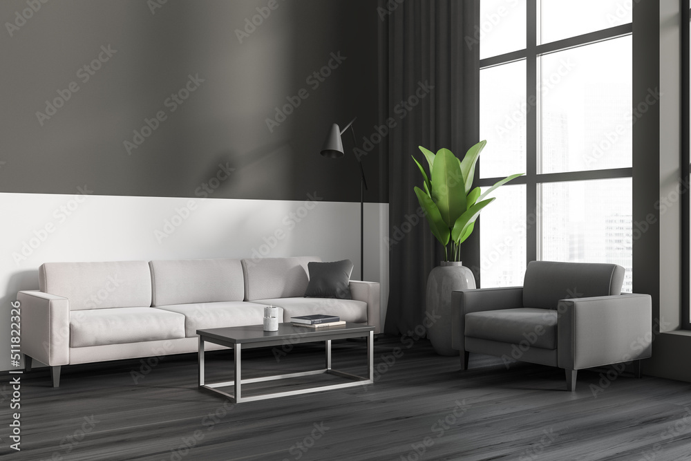 Grey lounge interior with couch and coffee table, panoramic window. Mockup wall Grey lounge interior with couch and coffee table, panoramic window. Mockup wall