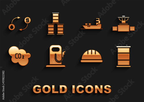 Set Petrol or gas station, Industry pipe and valve, Barrel oil, Worker safety helmet, CO2 emissions in cloud, Oil tanker ship, exchange and icon. Vector