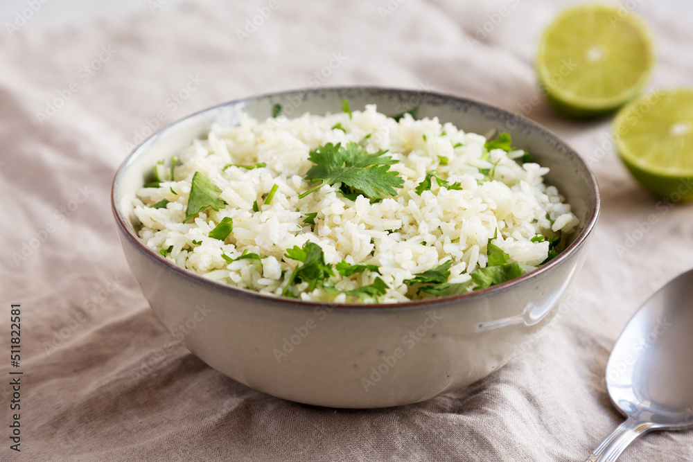 Homemade Cilantro Lime Rice in a Bowl, side view. Homemade Cilantro Lime Rice in a Bowl, side view.