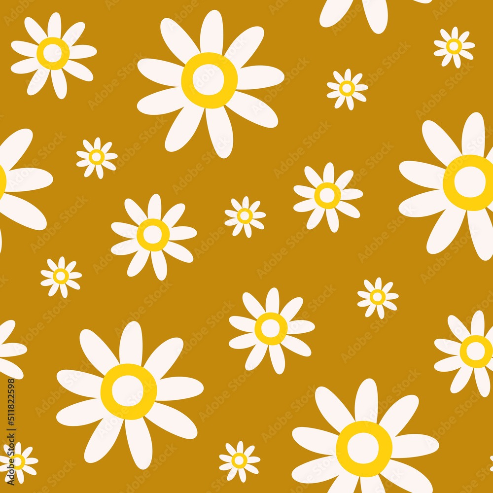 Retro seamless pattern of colorful hippie daisy flowers on a mustard background. Vintage festive groovy botanical design. Trendy vector illustration in 70s and 80s style. Retro seamless pattern of colorful hippie daisy flowers on a mustard background. Vintage festive groovy botanical design. Trendy vector illustration in 70s and 80s style.