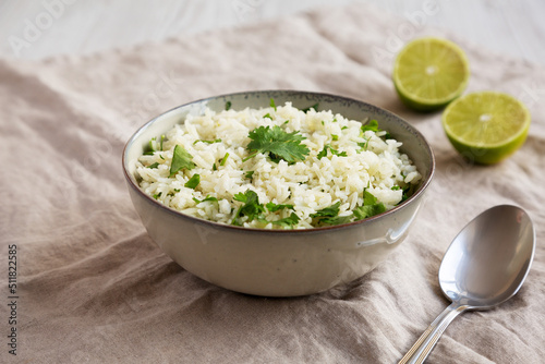 Homemade Cilantro Lime Rice in a Bowl, low angle view.