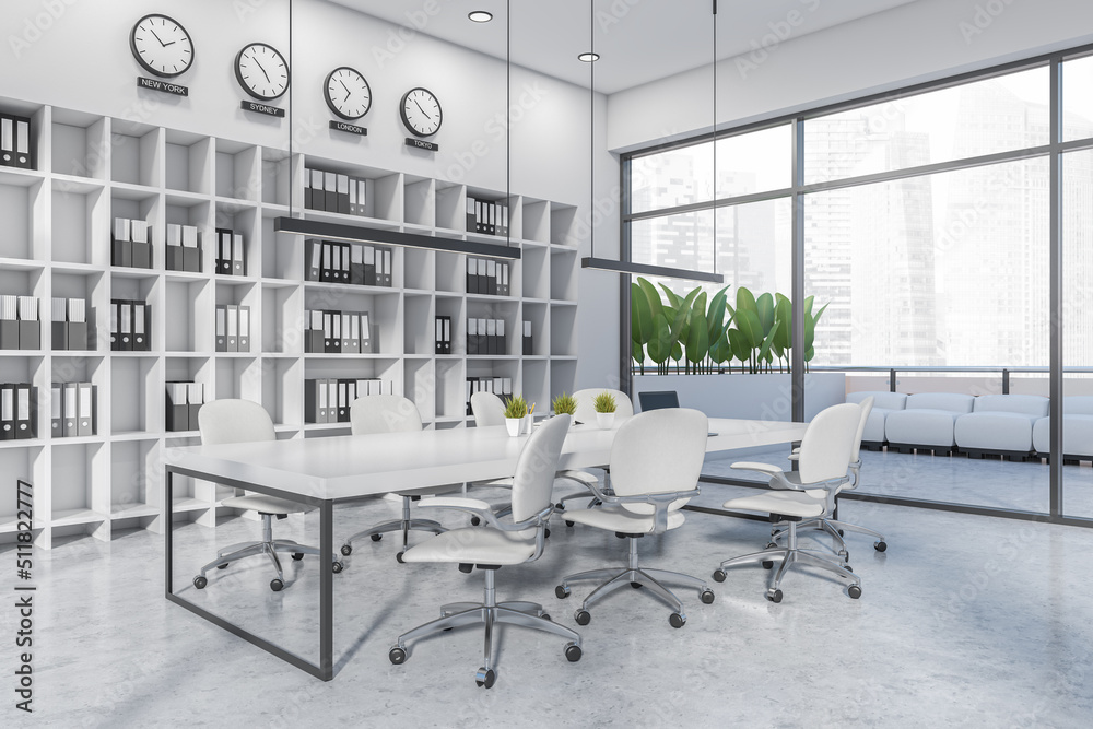 White office room interior with chairs, table with laptop and panoramic window