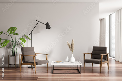 Fotobehang Light chill room interior with two seats and coffee table, panoramic window