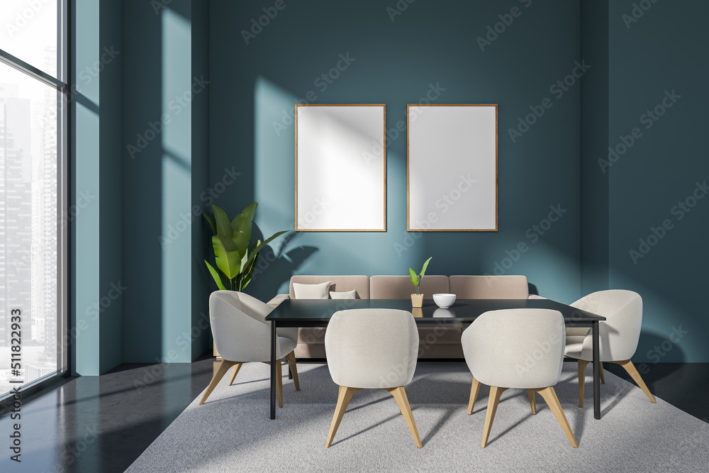 Fototapeta premium Stylish meeting interior with couch near panoramic window, mockup frames
