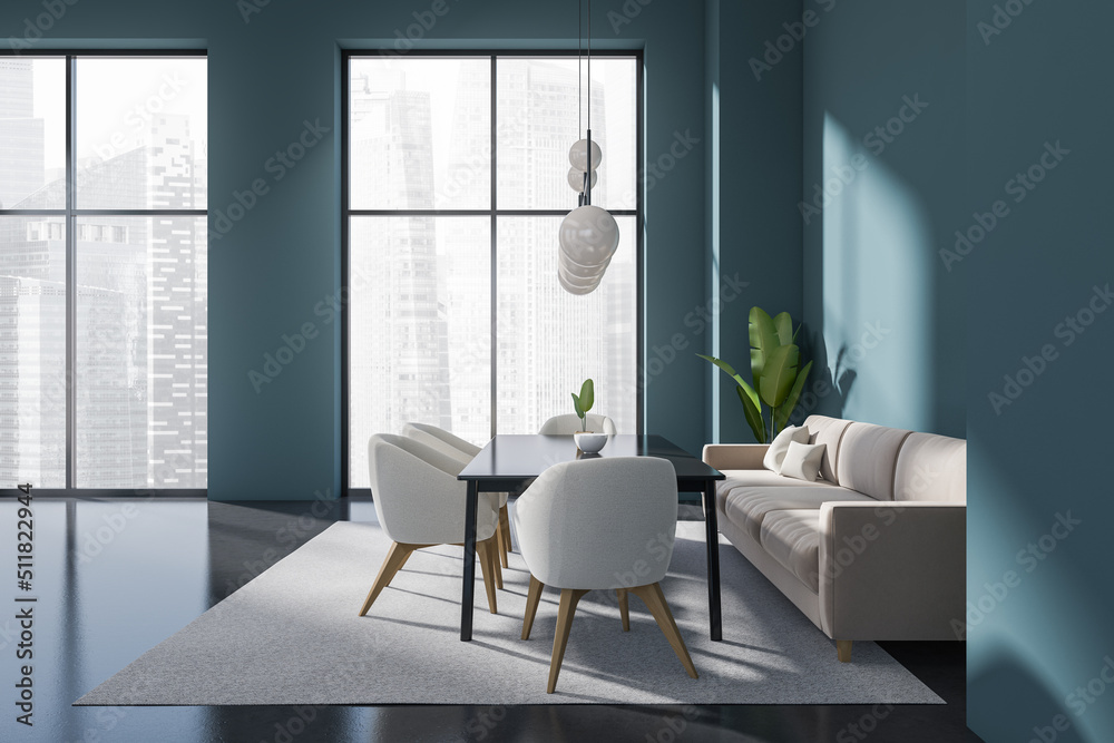 Fototapeta premium Modern meeting room interior with couch and seats, panoramic window