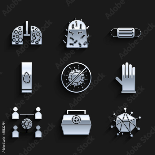 Set Stop virus, First aid kit, Virus, Medical rubber gloves, spread, Blood test and, protective mask and cells in lung icon. Vector