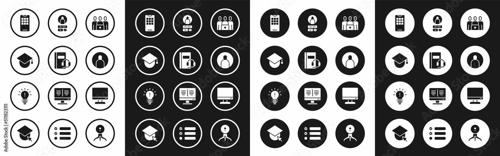 Set Online class, Audio book, Graduation cap on globe, Mobile phone, Create account screen, Computer monitor and Light bulb with concept of idea icon. Vector Set Online class, Audio book, Graduation cap on globe, Mobile phone, Create account screen, Computer monitor and Light bulb with concept of idea icon. Vector
