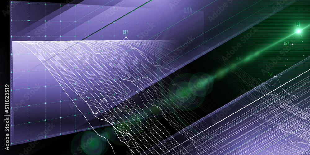 Abstract background with virtual screen data and spot. Visual presentation of analytics color grid algorithms. Big Data. Banner for business, science and technology. Abstract background with virtual screen data and spot. Visual presentation of analytics color grid algorithms. Big Data. Banner for business, science and technology.