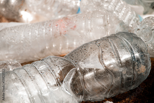 Close up of discarded plastic water bottles