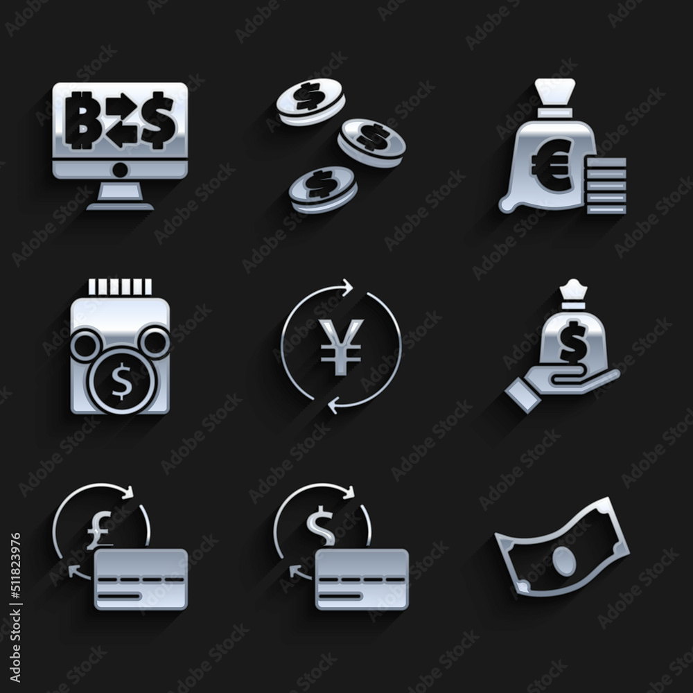 Set Coin money with Yen, Credit card, Stacks paper cash, Hand holding bag, Glass jar coin, euro symbol and Cryptocurrency exchange icon. Vector Set Coin money with Yen, Credit card, Stacks paper cash, Hand holding bag, Glass jar coin, euro symbol and Cryptocurrency exchange icon. Vector