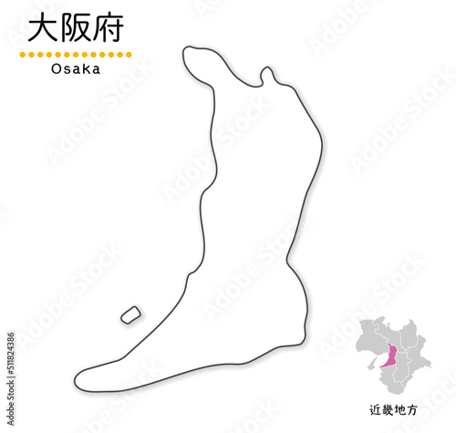 大阪府のシンプルな白地図、単純化した線画、地方と位置