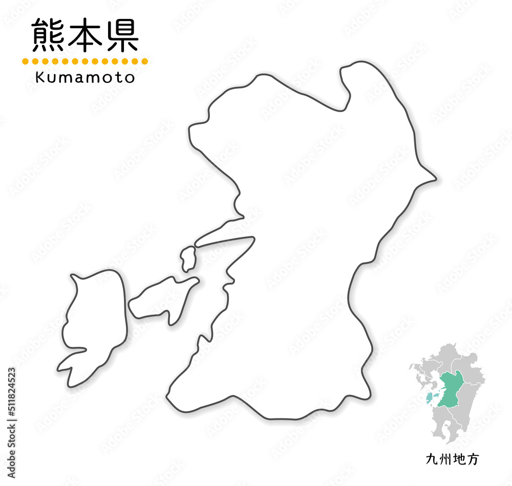 熊本県のシンプルな白地図、単純化した線画、地方と位置 熊本県のシンプルな白地図、単純化した線画、地方と位置