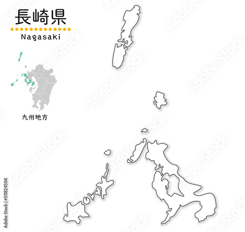 長崎県のシンプルな白地図、離島を含む全体図、単純化した線画