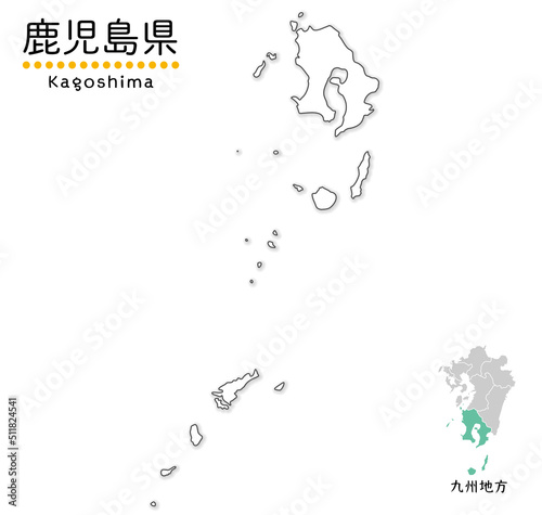 鹿児島県のシンプルな白地図、奄美諸島を含む全体図、単純化した線画