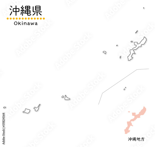 沖縄県のシンプルな白地図、離島を含む全体図、単純化した線画