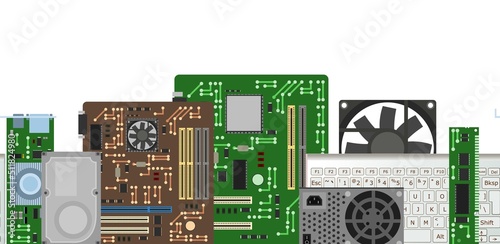 Set of spare part for personal computer. PC laptop accessories. Horizontally seamless background. Hard drive. Isolated on white background. Motherboard and video card. Board RAM memory. Vector