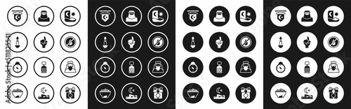 Set Ramadan fasting, Hands praying position, Burning candle, Star crescent, No water, Muslim woman niqab, and Qibla icon. Vector