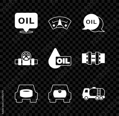 Set Word oil, Motor gas gauge, Spare wheel in the car, Gas tank for vehicle, Tanker truck, Metallic pipes and valve and Oil drop icon. Vector