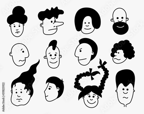 Set of doodle portraits of people. Collection of cartoon characters  for social media.