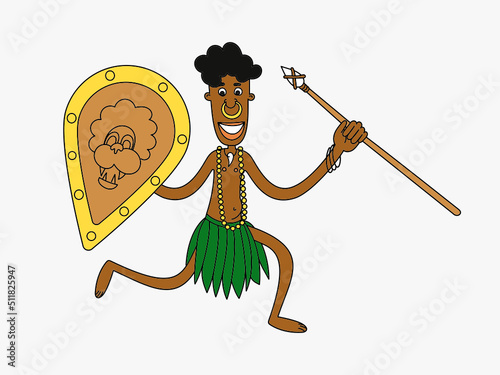 Black native with spear and shield.