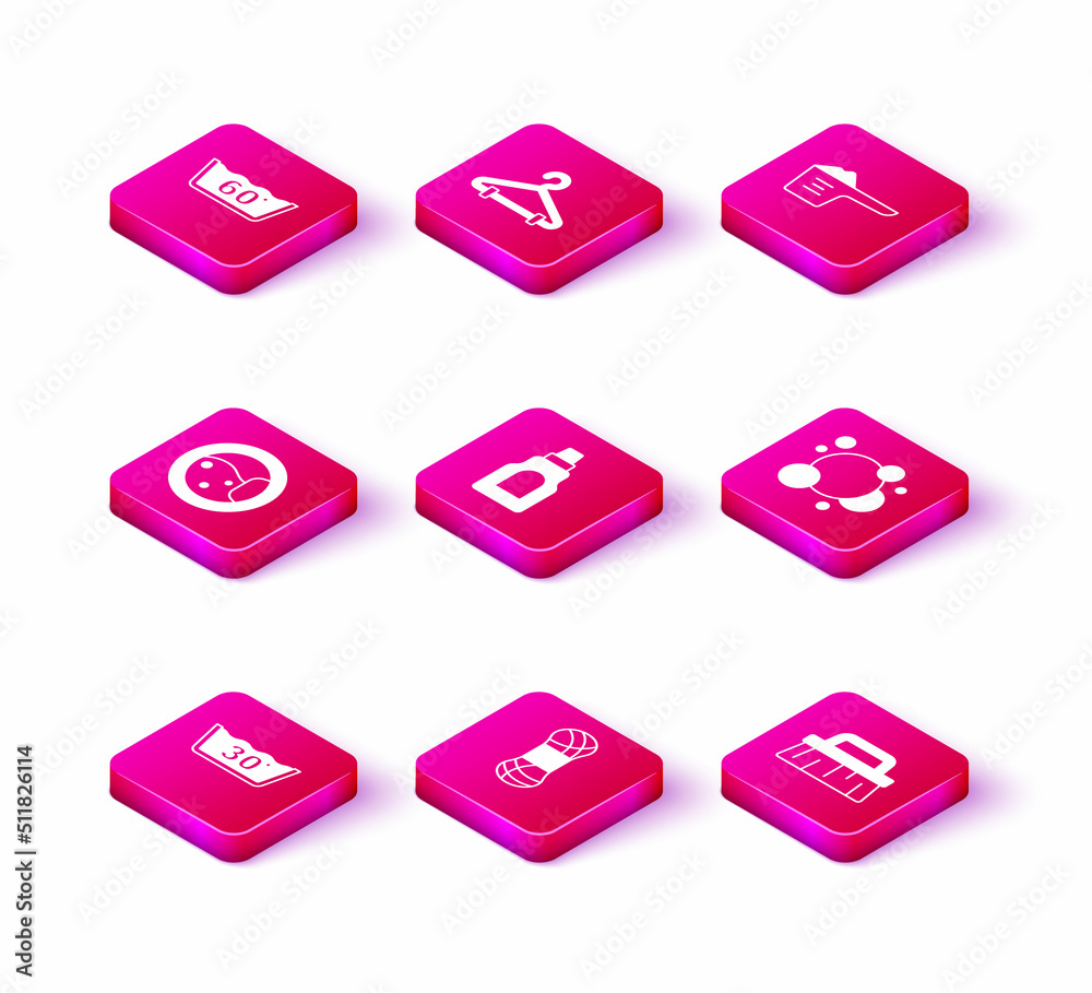 Set Temperature wash, Yarn, Washer, Bottle for cleaning agent, Brush, Soap water bubbles, Washing powder and Hanger wardrobe icon. Vector Set Temperature wash, Yarn, Washer, Bottle for cleaning agent, Brush, Soap water bubbles, Washing powder and Hanger wardrobe icon. Vector