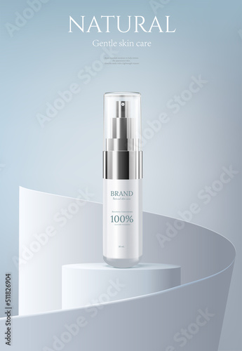 Luxury product cosmetic glass bottle on stage with white podium in light blue background . product presentation, mock up, show cosmetic product display