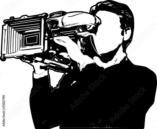 Silhouette of cinematographer, sketch drawing young man holding video camera, Video camera man illustration