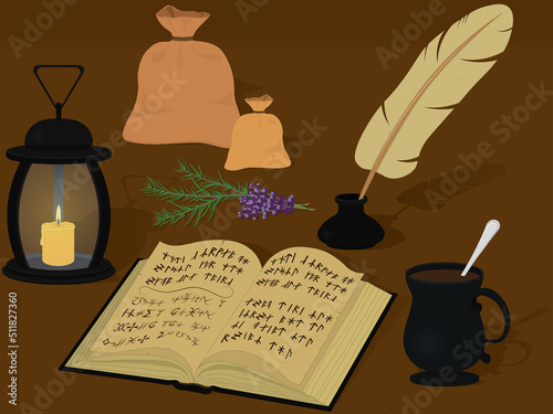 Witchcraft and alchemy items collection on table vector illustration