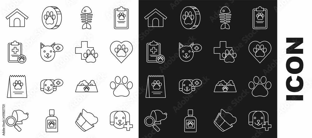 Set line Veterinary clinic symbol, Paw print, Heart with animals footprint, Fish skeleton, Clipboard medical clinical record pet, Dog house and icon. Vector Set line Veterinary clinic symbol, Paw print, Heart with animals footprint, Fish skeleton, Clipboard medical clinical record pet, Dog house and icon. Vector