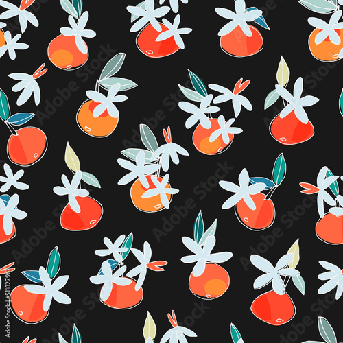 Seamless pattern with hand drawn blooming tangerine, orange for surface design, posters, illustrations. Healthy vegan food, tropical fruit
