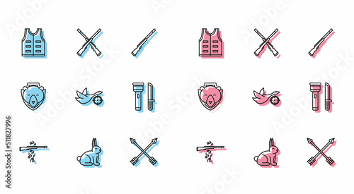 Set line Gun shooting, Rabbit, Hunting jacket, Crossed arrows, on duck with crosshairs, Flashlight and knife, Bear head shield and Two crossed shotguns icon. Vector