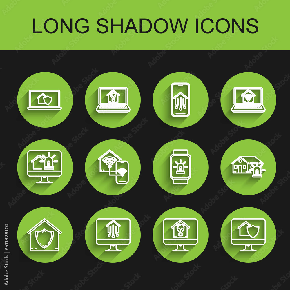 Set line House under protection, Computer monitor with smart home, Laptop house, and light bulb, Smart wi-fi, alarm and watch icon. Vector