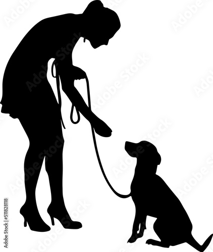 Silhouette of woman dog trainer, young girl give training to her pet dog, pet dog training line art illustration