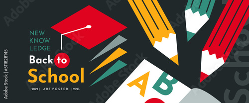 School banner with graduation cap, open notebook and pencils on the black background. Back to School flat background.
