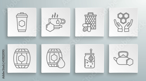 Set line Wooden barrel with honey, Cup of tea, Jar and dipper stick, Tea kettle, Bee honeycomb, Honeycomb hands and icon. Vector