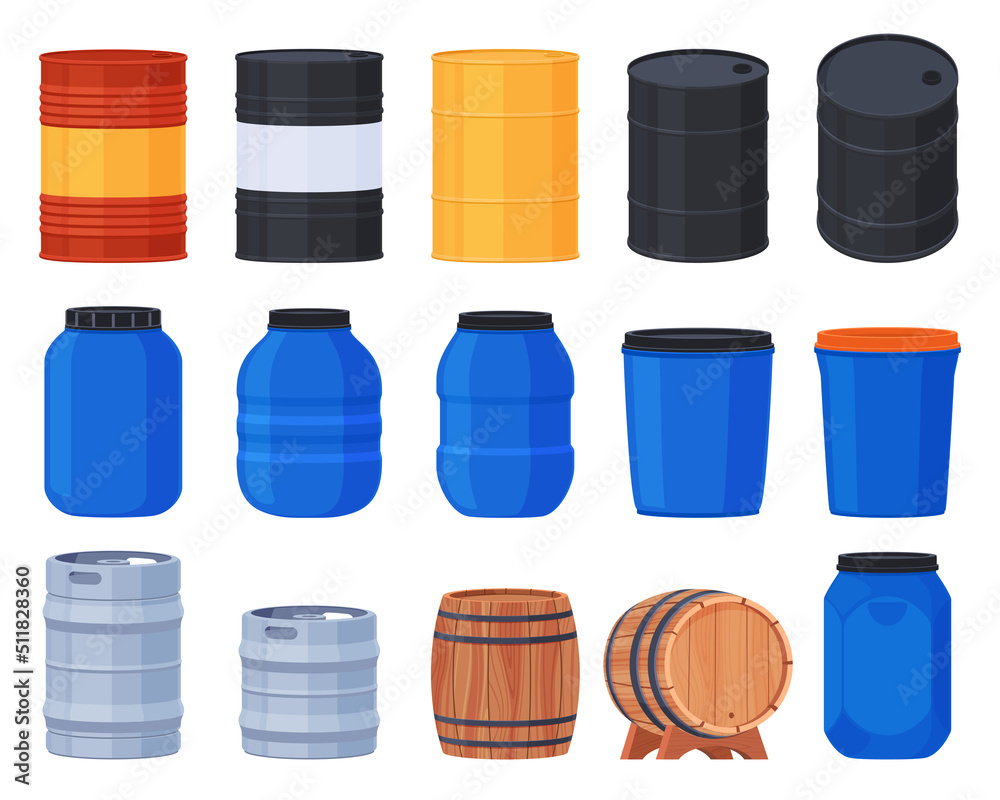Different types of barrels. Storage of liquid types of substances