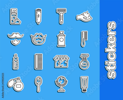 Set line Cream or lotion cosmetic tube, Hairbrush, Shaving razor, Mustache and beard, gel foam and icon. Vector