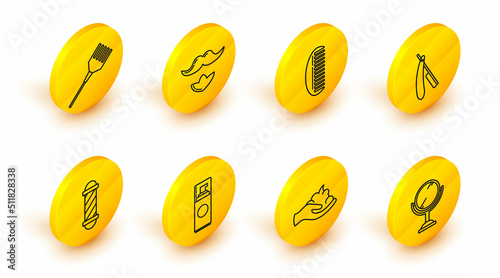 Set line Hand mirror, Shaving gel foam on hand, Classic Barber shop pole, Straight razor, Hairbrush, Mustache beard and icon. Vector