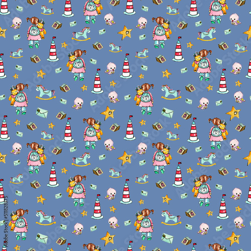 A cute and funny ornament depicting a little girl with a pet in her arms among children's toys. Seamless pattern for printing on fabric, wallpaper, packaging and stationery.