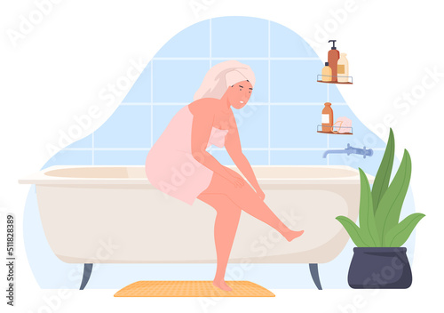 The woman washes, takes care of her body. Bathroom interior furniture. Cozy modern apartment. Vector illustration