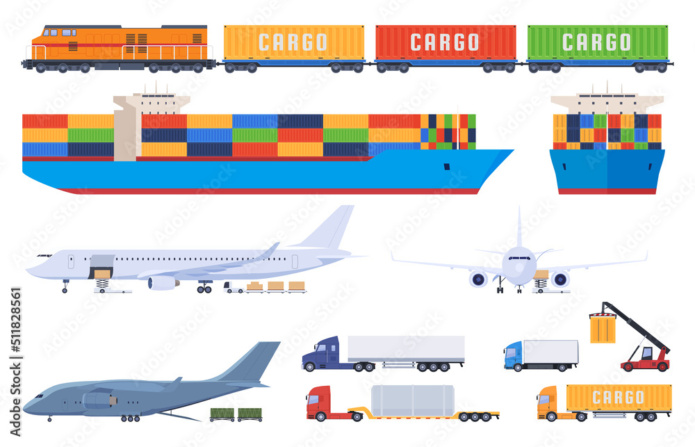 Transportation of goods by different types of transport. Sea air land rail freight delivery. International trade. Vector illustration